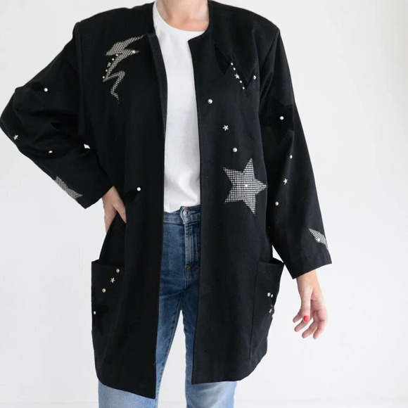 Vintage Eric Ryan Black "Stars  & Bolt" Design Open Face Blazer - Picture 2 of 13
